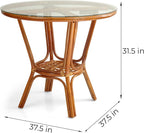 Rattan Wicker Dining Round Table Glass Top and 4 Denver Side Chairs with Cream Cushions, Dining Table Set for 4, Tropical Style Dining Table Set for Four, Colonial Color