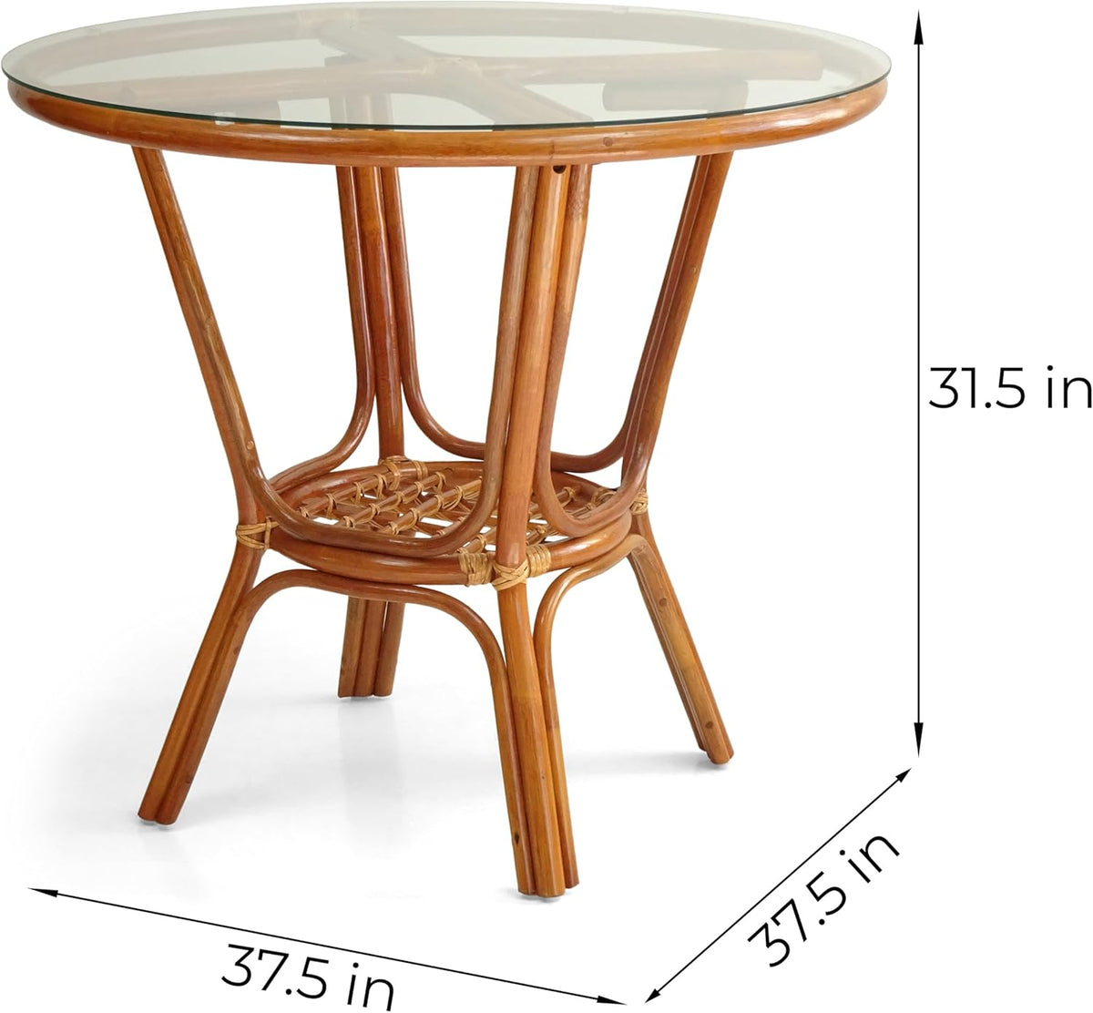 Rattan Wicker Dining Round Table Glass Top and 4 Denver Side Chairs with Cream Cushions, Dining Table Set for 4, Tropical Style Dining Table Set for Four, Colonial Color