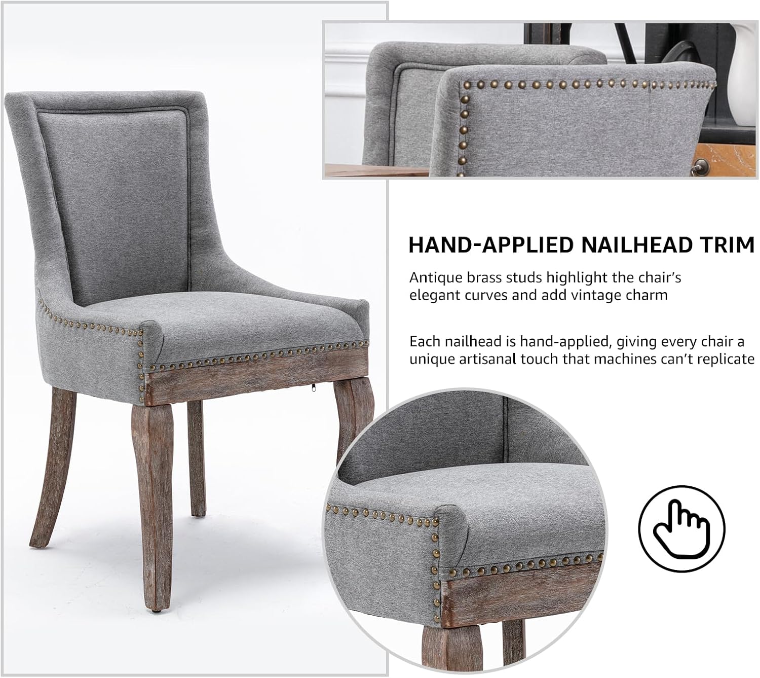 Modern Dining Chairs Set of 2, Fabric Upholstered High Back Chairs with Nailhead Trim and Curved Solid Wood Legs, Sillas de Comedor Accent Chairs for Dining Room, Gray