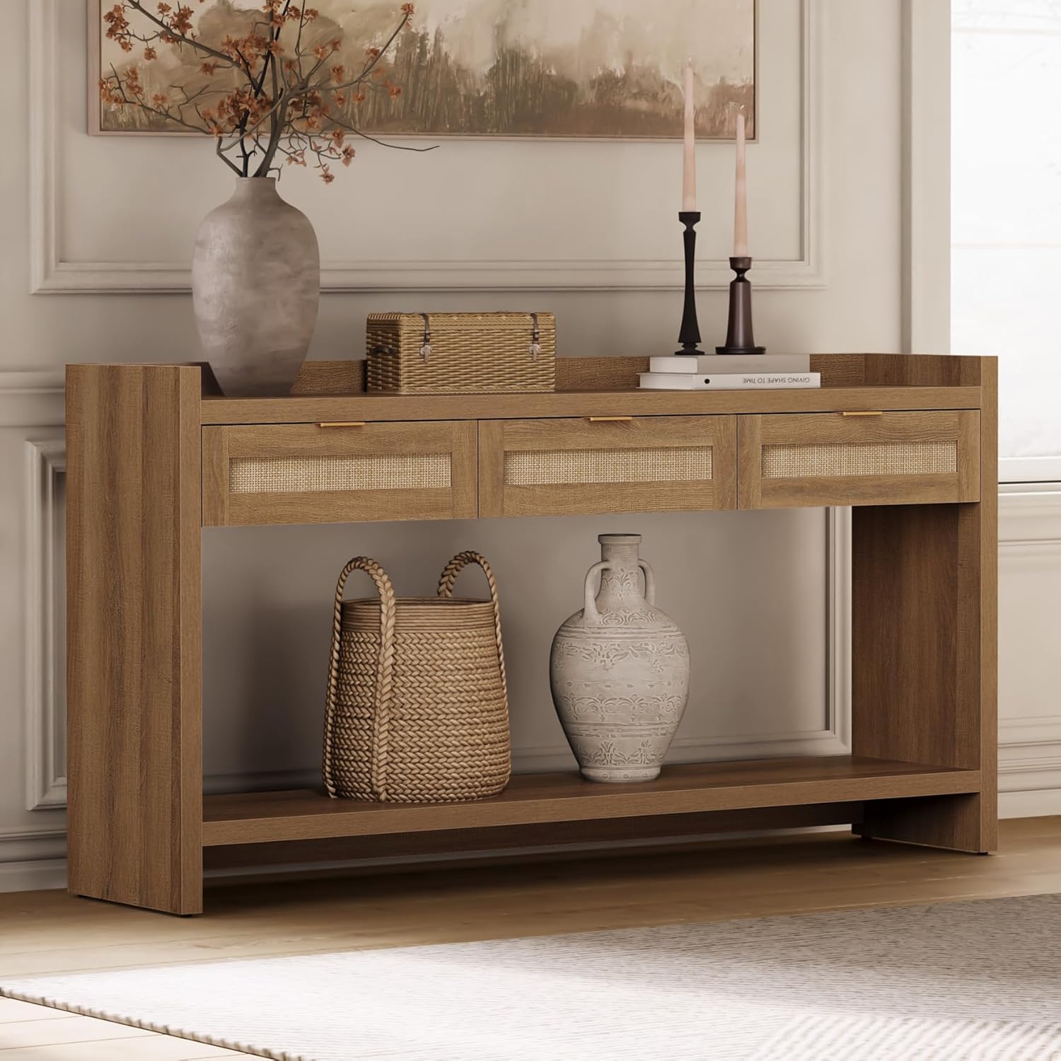 SICOTAS 60" Rattan Console Table for Entryway - Farmhouse Entry Table Sofa Table with 3 Drawers, Narrow TV Console Table with Storage for Living Room, Hallway, Couch, Foyer