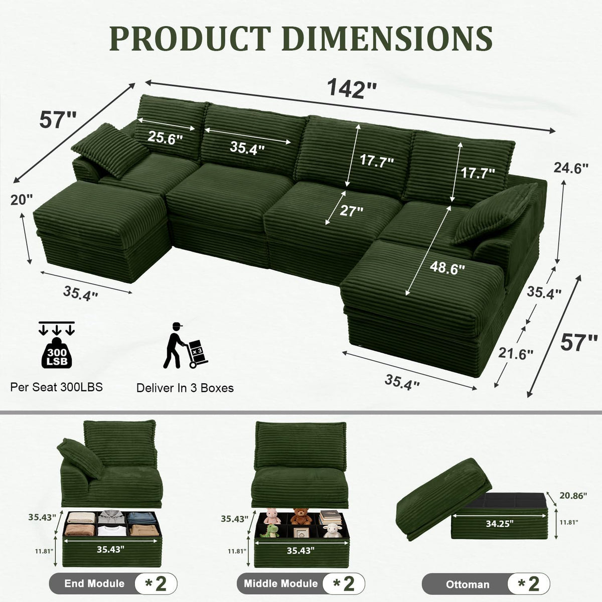 Upgrade Couch with Storage, Extra Deep&High Seat Modular Sectional Sofa 4 Seater U Shaped Cloud Couch with Ottoman, Tool-Free Assembly Sectional Couches for Living Room