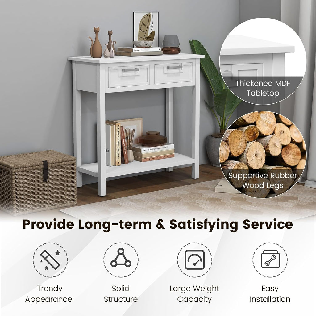 GOFLAME Small Console Table with 2 Drawers, 31” Entry Table with Storage Shelf, Modern, Narrow Sofa Table for Living Room, Hallway, Entrance (White)