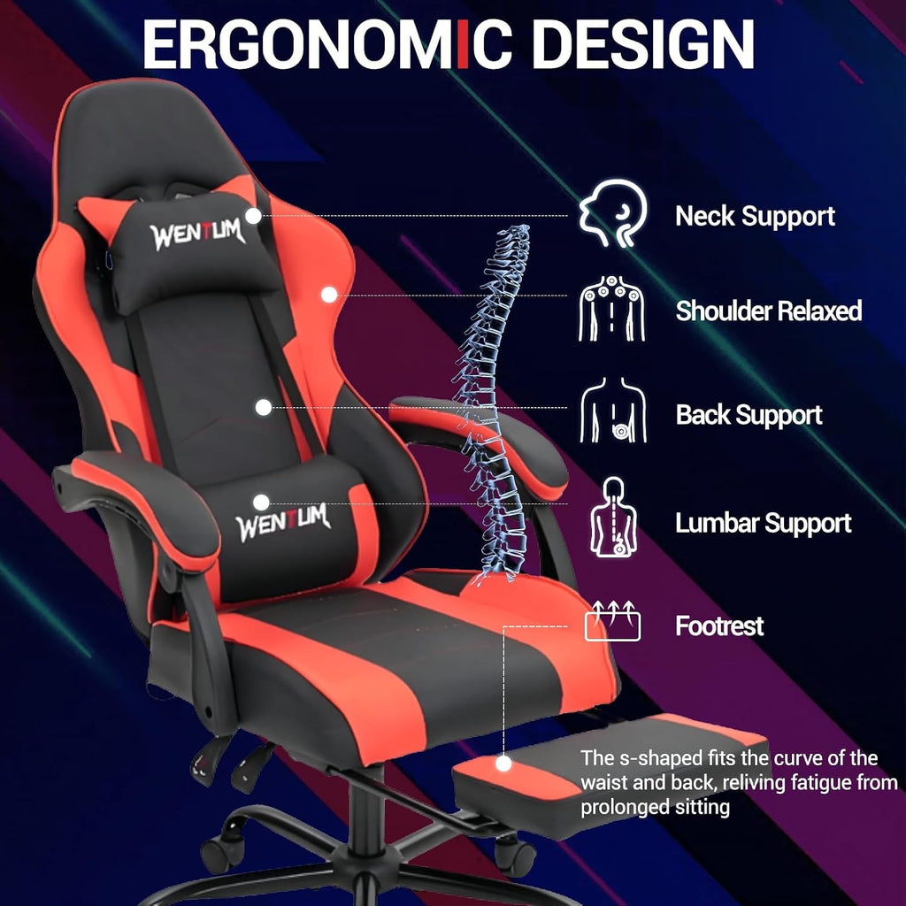 Gaming Chair with Footrest for Adults, PU Leather Massage Racing Video Game Chair w/Lumbar Support for Men Women, Ergonomic Computer Gamer Chair for Home Office, Height Adjustable, Red