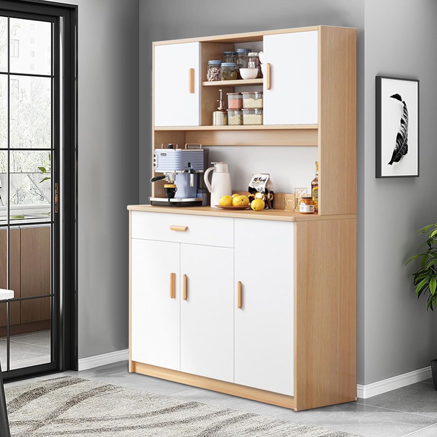 Freestanding Kitchen Pantry Cabinet, Hutch Cabinet with Storage, Tall Sideboard Buffet Cabinet with Doors and Shelves, Microwave Shelf, Wooden Coffee Bar Cabinet for Living Room, Dining Room