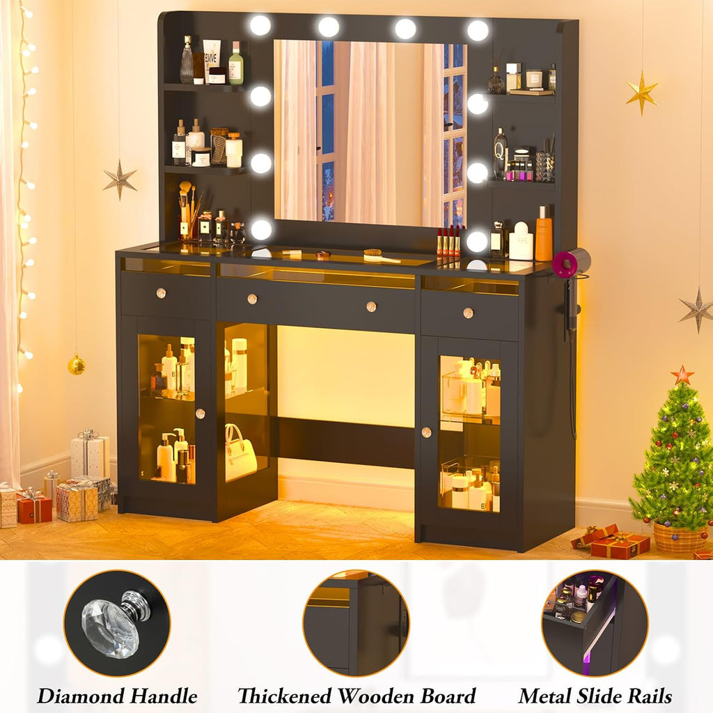 Vanity Desk W/6000-Colors Light&Power Outlet,Makeup Vanity Desk W/LED Mirror and Lights 3 Colors,Transparent GlassTop W/3 RGB Drawers,Hair Tool Holder,2 Large Tempered Cabinets for Bedroom(Black 2)