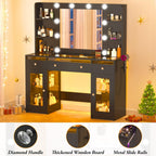 Vanity Desk W/6000-Colors Light&Power Outlet,Makeup Vanity Desk W/LED Mirror and Lights 3 Colors,Transparent GlassTop W/3 RGB Drawers,Hair Tool Holder,2 Large Tempered Cabinets for Bedroom(Black 2)