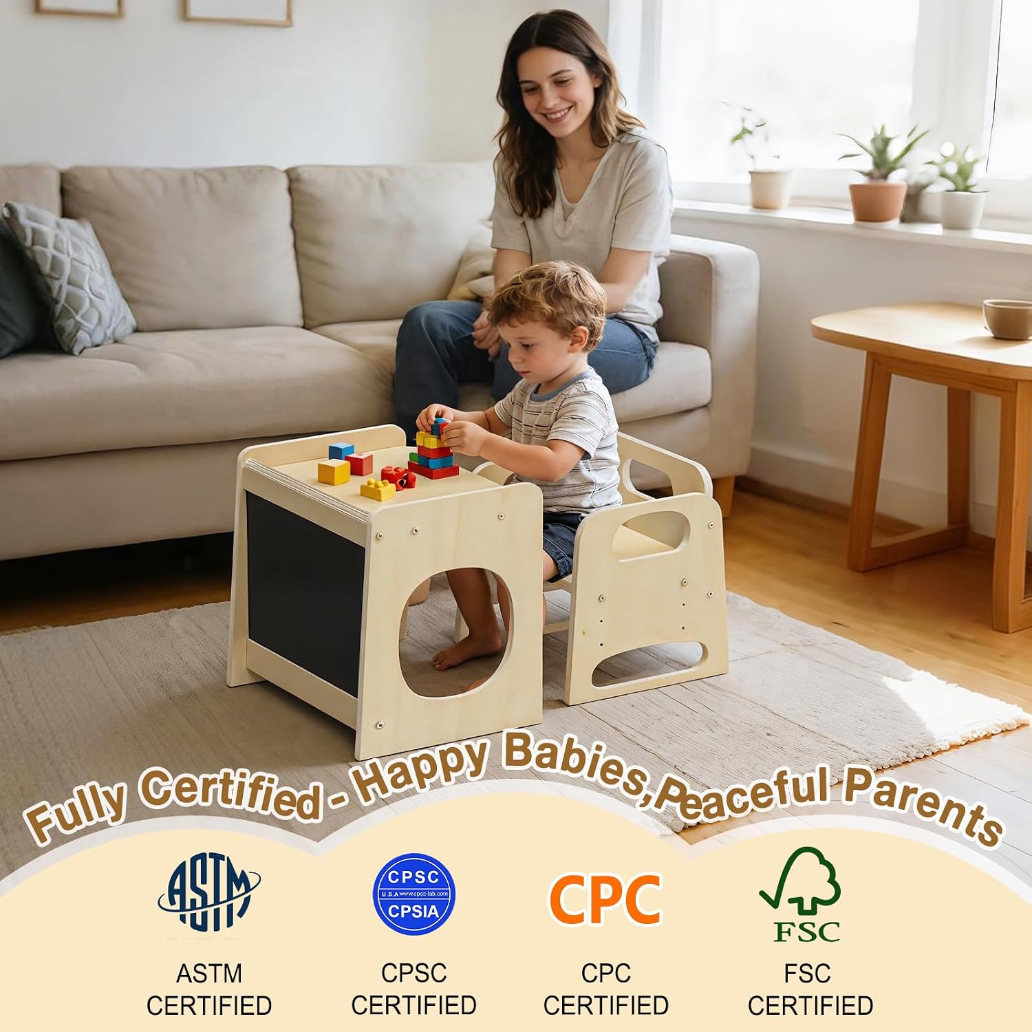 GVOO Montessori Weaning Table and Chair Set, 3 Adjustable Height Toddler Table and Chair Set, for Eating, Reading, Baby Proofing Design, Natural White