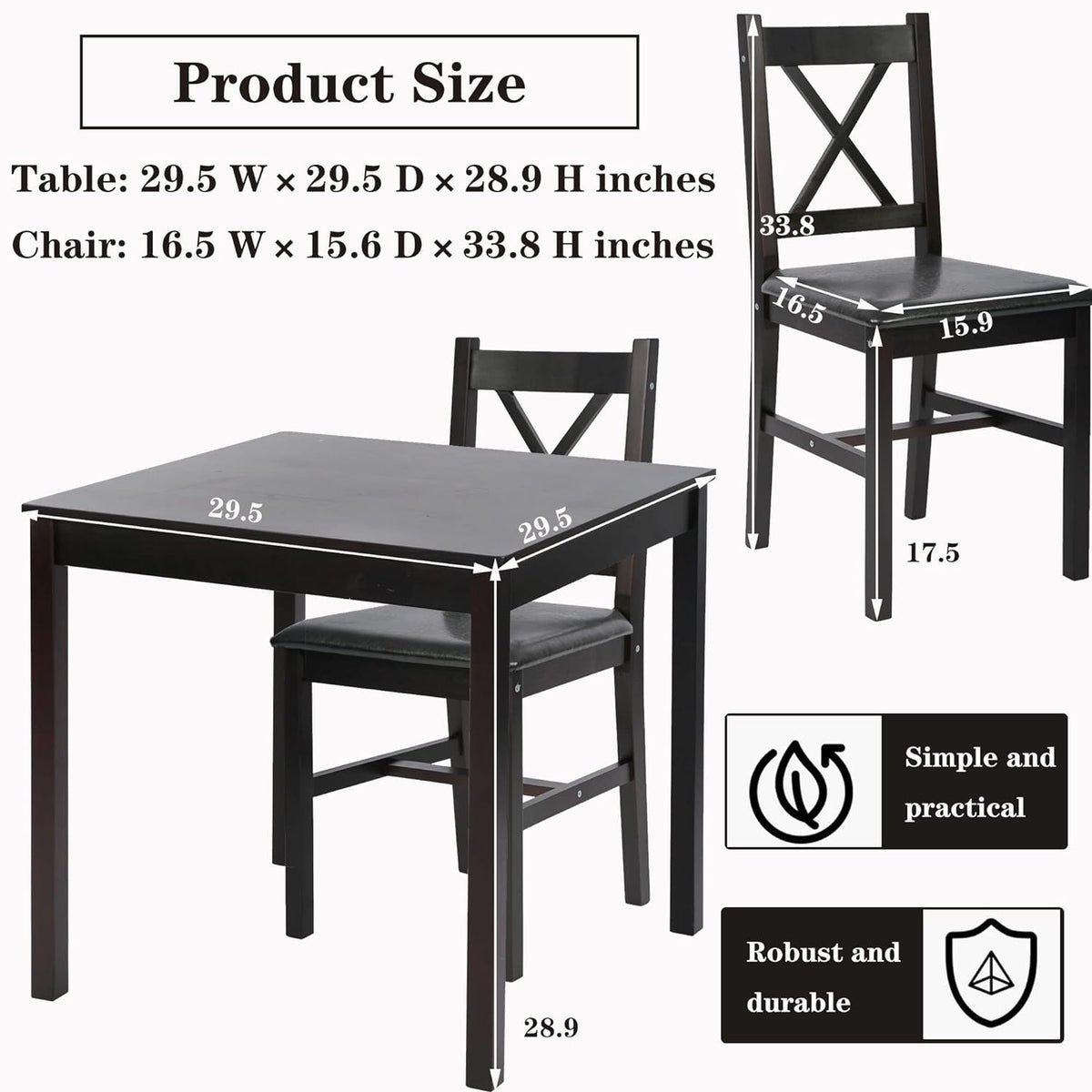 3-Piece Solid Wood Kitchen Table Set for 2 | Pine Dining Table with Upholstered Chairs | Space-Saving Design | Smooth Easy-to-Clean Surface | for Dining Room, Apartment, Restaurant, Dark Brown