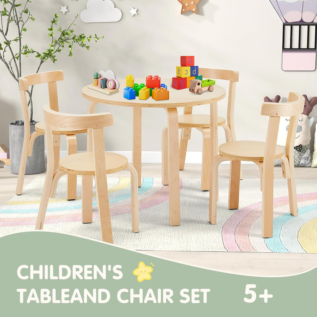 Kids Table and 4 Chairs Set - Round Table and Chair Set for Children, EN71 Certified, Birch Veneer - Wooden Dining Play Set for Children, Durable Wooden Play Table and Chairs, Solid Wood