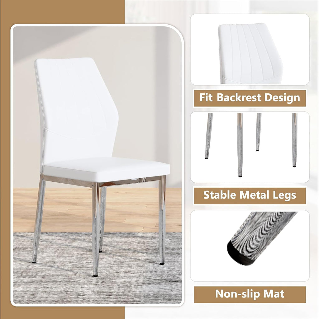 White Dining Chairs Set of 6, Modern PU Leather Kitchen Chairs with Soft Cushion and Silver Chrome Metal Legs, Waterproof and Easy to Clean, Armless Dining Chairs for Dining Room,Kitchen