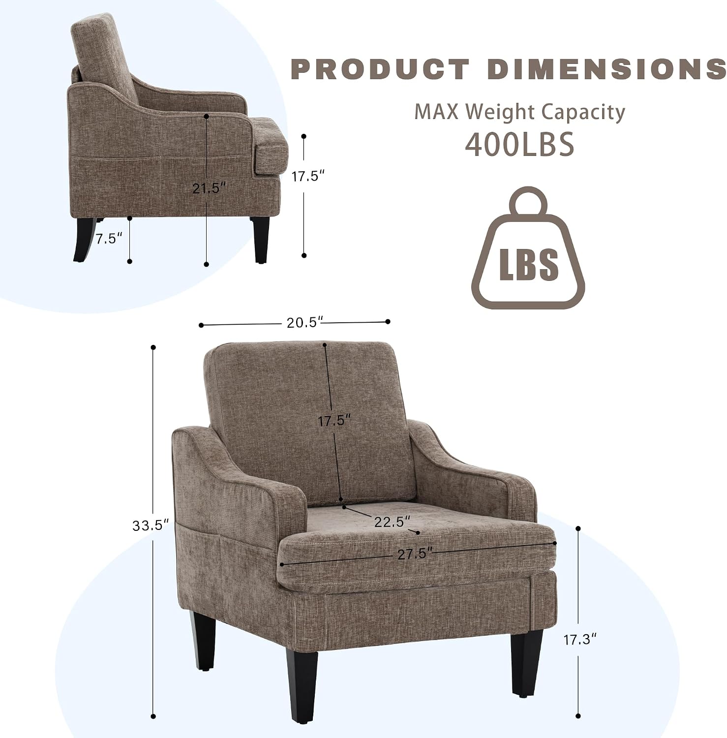 Accent Chair for Living Room,Mid-Century Arm Chair Chenille Fabric Living Room Chairs,Upholstered Reading Chair for Bedroom,Single Sofa Chair with Wood Legs for Apartment (Brown)
