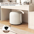 JPBSTO Rolling Round Vanity Chair with Storage, Swivel Makeup Chair with Folding Back, PU Leather Small Upholstered Ottoman for Bedroom Living Room