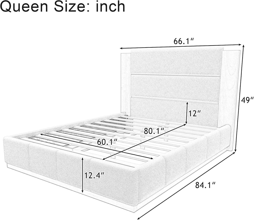 GDFStudio Queen Size Upholstered Platform Bed Frame with Extended Wood Headboard, 49'' Tall High Headboard Modern Bed Frame, Wood Plinth Base, No Box Spring Needed, Easy Assembly, White Boucle