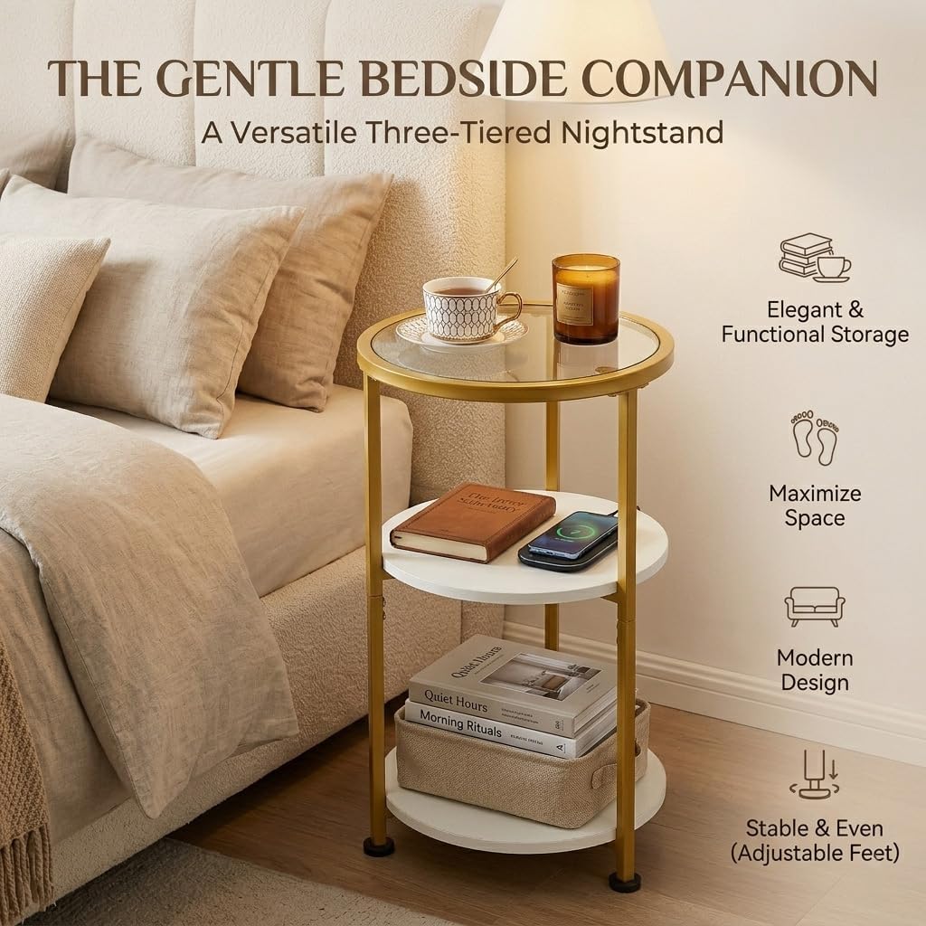 Glass Side Table, Tempered Glass Small Round Side Table with 3-Tier Storage Shelves for Small Spaces, Modern Glass Round End Table for Living Room, Bedside Nightstand for Bedroom (White+Gold)