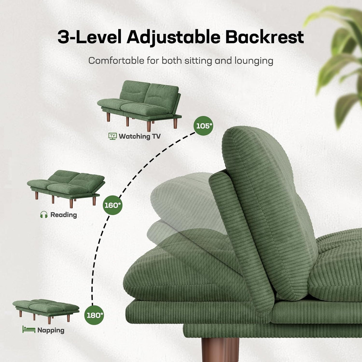 Marsail 75" Futon Sofa Bed, Futon Couch with Adjustable Backrest & Armrests, Convertible Sleeper Sofa Bed for Apartment, Living Room, Office, Corduroy Loveseat, Sage Green