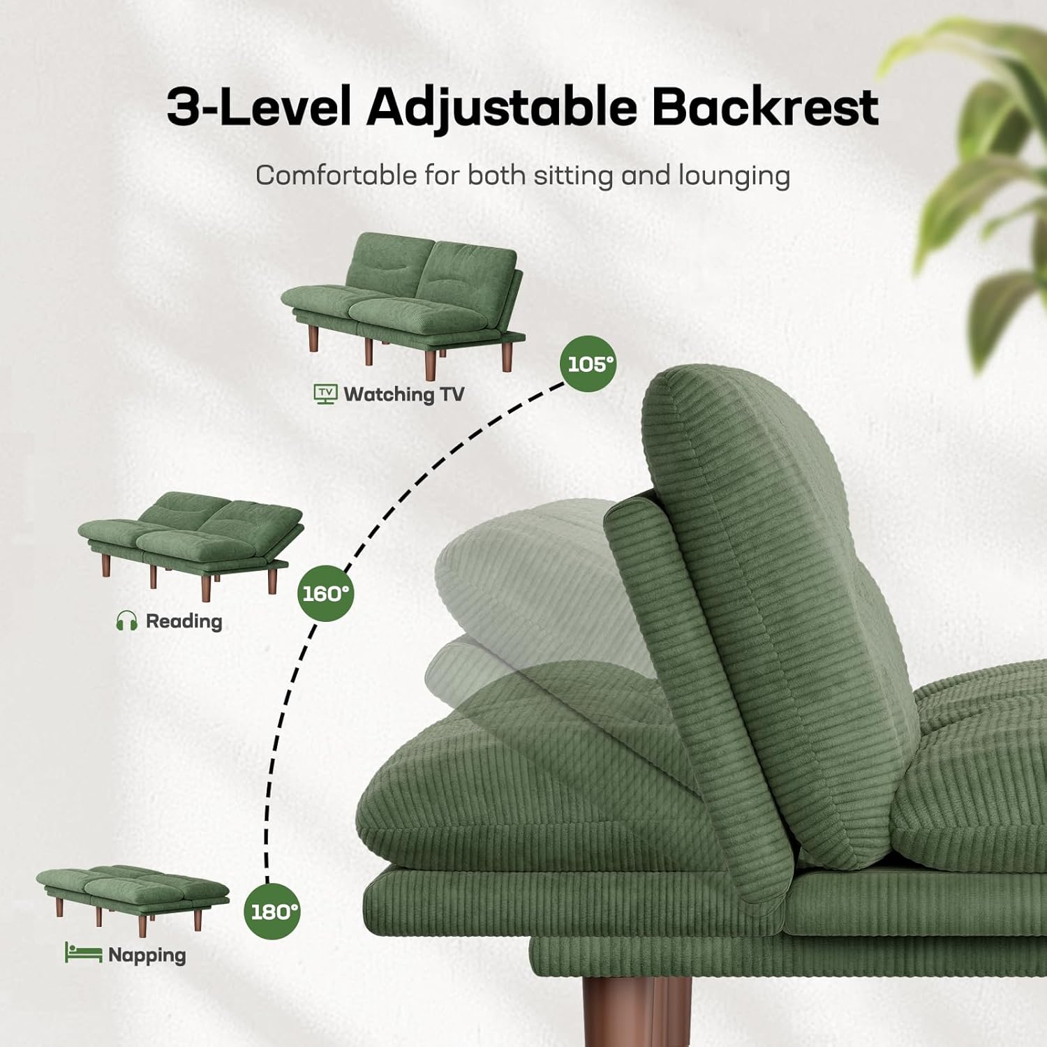 Marsail 66.1" Futon Sofa Bed, Corduroy Convertible Futon Couch with Adjustable Backrest & Armrests, Small Sleeper Sofa Loveseat for Small Apartments, Study Room, Office, Green
