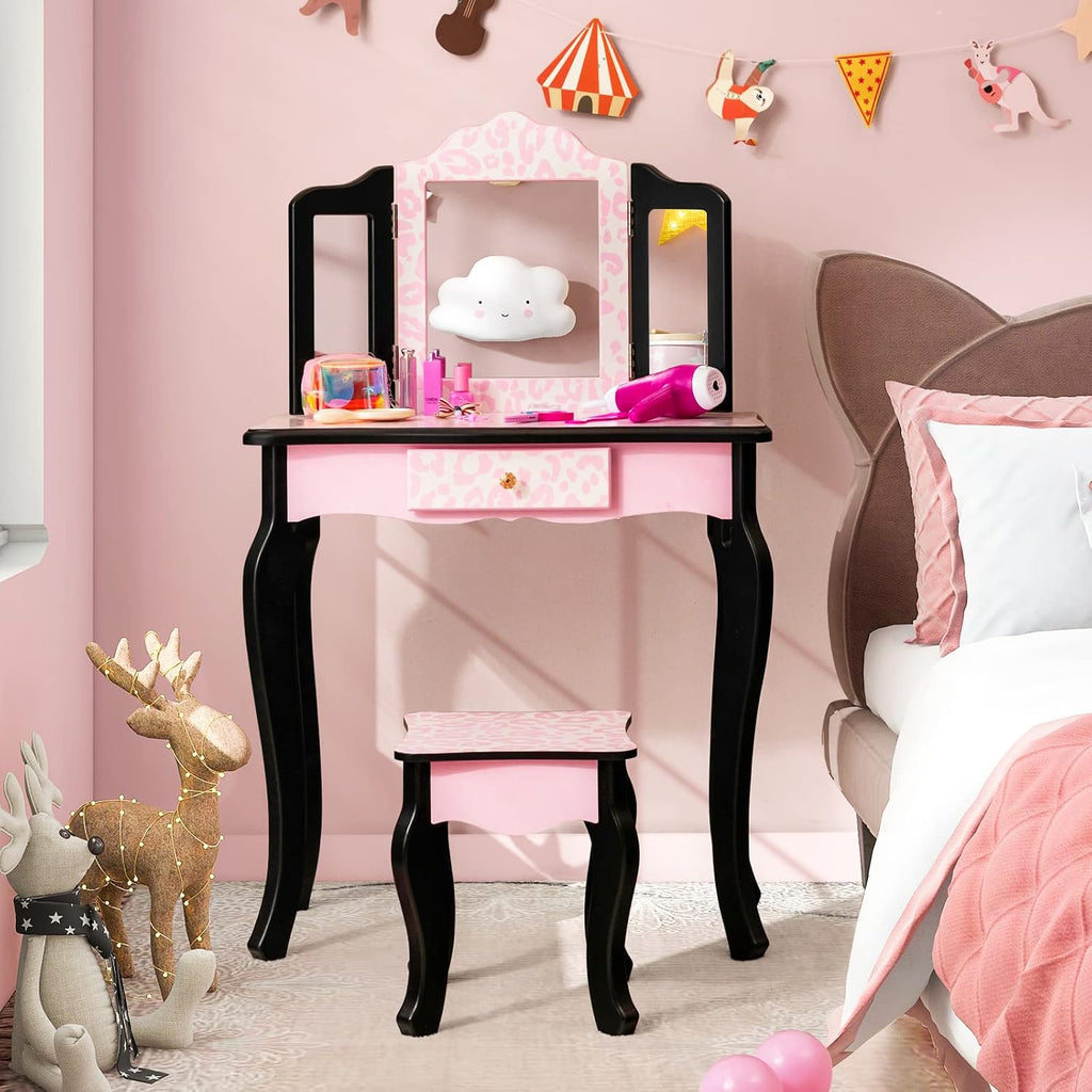 Costzon Kids Vanity Table and Chair Set, Girls Vanity Set with Mirror and Stool, Storage Drawer, Wooden Princess Makeup Dressing Table, Vanity Set for Little Girls