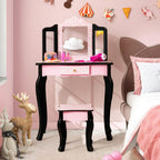 Costzon Kids Vanity Table and Chair Set, Girls Vanity Set with Mirror and Stool, Storage Drawer, Wooden Princess Makeup Dressing Table, Vanity Set for Little Girls