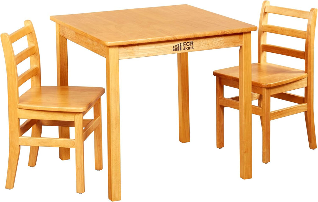 ECR4Kids 30in x 30in Square Hardwood Table with 28in Legs and Two 16in Chairs, Kids Furniture, Honey, 3-Piece | Durable rubberwood, GREENGUARD Gold Certified, ANSI/BIFMA Compliant, 10-12 years, 200 lb seat capacity, classroom & home use