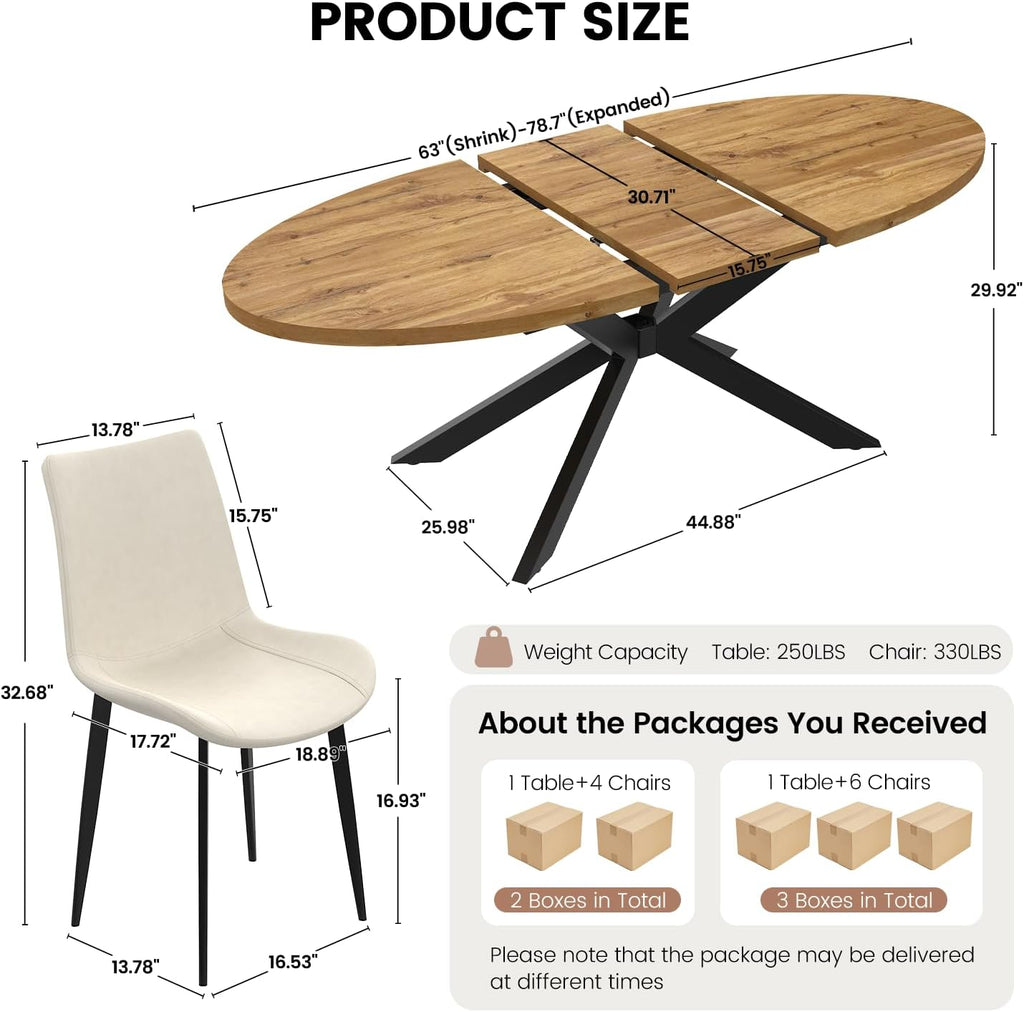 63"-78.7" Extendable Oval Dining Table Set for 4 | 5 Piece Large Round Walnut Table Set, 4 Beige PU Dining Chairs, Living Room, Kitchen, Space Saving, Mid Century Modern