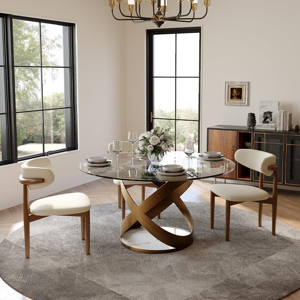 POVISON 51" Modern Round Dining Table, Glass Round Kitchen Table for 4, Tempered Glass Dining Room Table top with Bronze X Carbon Steel Base (Dining Table Only)