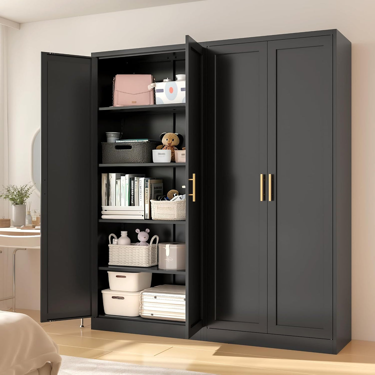 71" Tall Kitchen Pantry Cabinet, Metal Kitchen Pantry Storage Cabinet with Doors and 4 Adjustable Shelves, Freestanding Pantry Cupboard for Living, Dining Room, Black