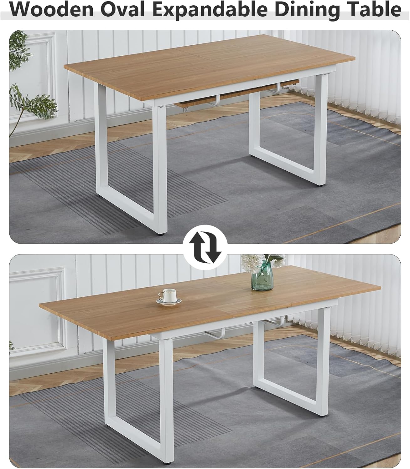Extendable Dining Table for 4-8 Person, Extendable from 55" to 71", Modern Rectangle Dining Table with MDF Tabletop and Metal Frame, Expanding Kitchen Table for Home, Office (Natural Wood+White)