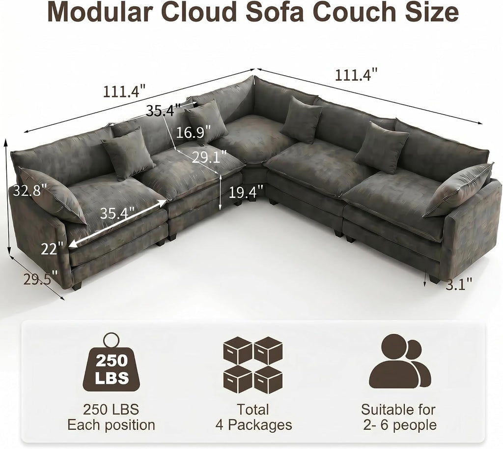 111.4" V-Shaped 5-Seat Sectional Cloud Couch, Chenille Soft Set, Grey | Customizable layout, suitable for living room, bedroom & apartment, comfortable deep seat