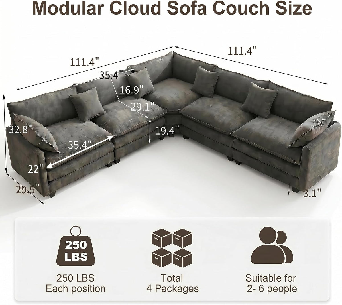 111.4" V-Shaped 5-Seat Sectional Cloud Couch, Chenille Soft Set, Grey | Customizable layout, suitable for living room, bedroom & apartment, comfortable deep seat