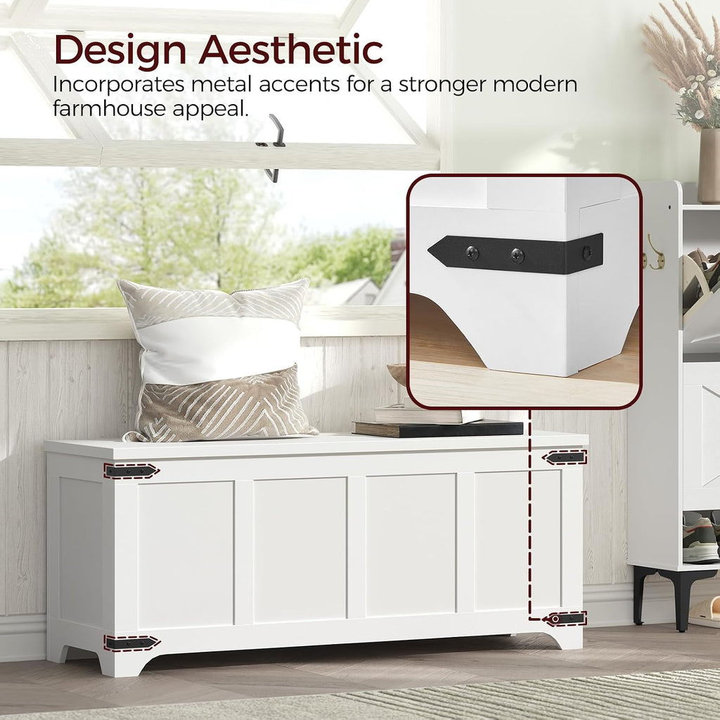 MAHANCRIS 47.2" Storage Chest Extra Large, Wooden Storage Bench with 2 Safety Hinges, Entryway Shoe Bench, 47.2x15.7x19.7 Inch, Easy Assembly, Storage Trunk for Living Room, Bedroom, White SCBW4901