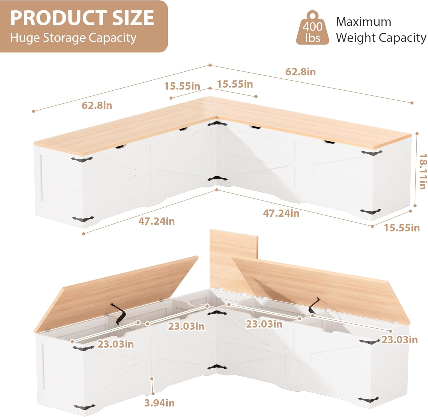 L Shaped Storage Bench, Farmhouse Kitchen Breakfast Nook Bench, Backless Corner Bench with Storage for Dining Room, Cloakroom, Entryway