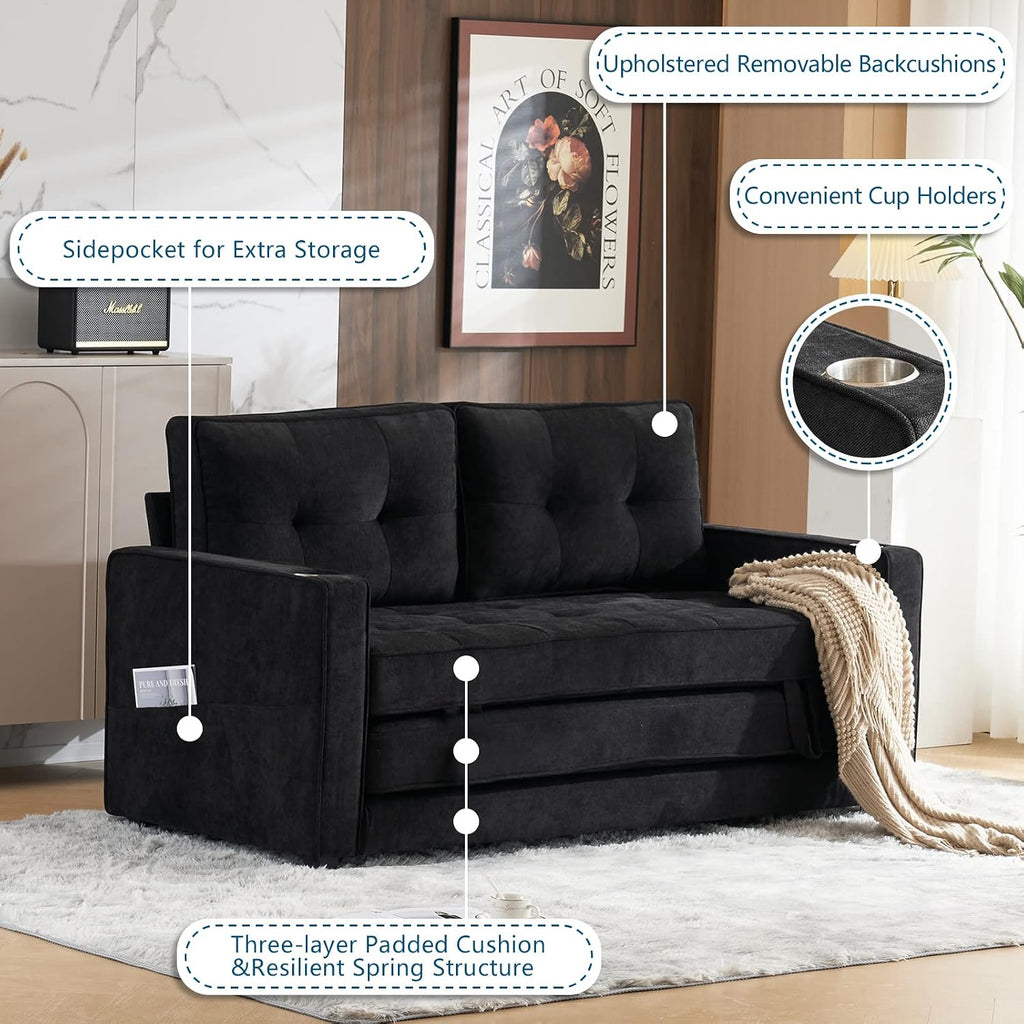 VINGLI Upgraded 64" W 84" L Full Size Futon Sofa Bed, 6" Thick Upholstery Chenille Loveseat Sofa Sleeper Pull Out Couch,Convertible Floor Couch for Living Room, Bedroom, Entertainment Room, Black