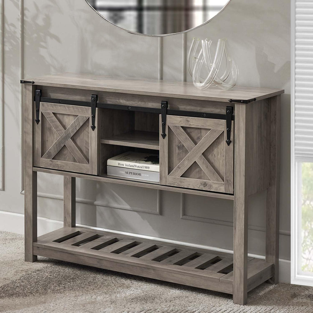 Farmhouse Living Room Table Set of 3, 2 Rustic End Table with Charging Station and 1 Sofa Table with Large Hidden Storage, Farmhouse Sofa Table Set for Living Room, Office, Grey