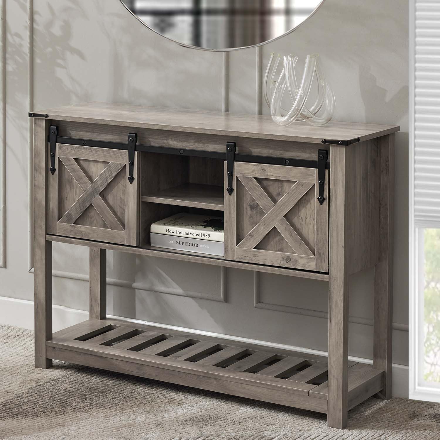 Farmhouse Living Room Table Set of 3, 2 Rustic End Table with Charging Station and 1 Sofa Table with Large Hidden Storage, Farmhouse Sofa Table Set for Living Room, Office, Grey