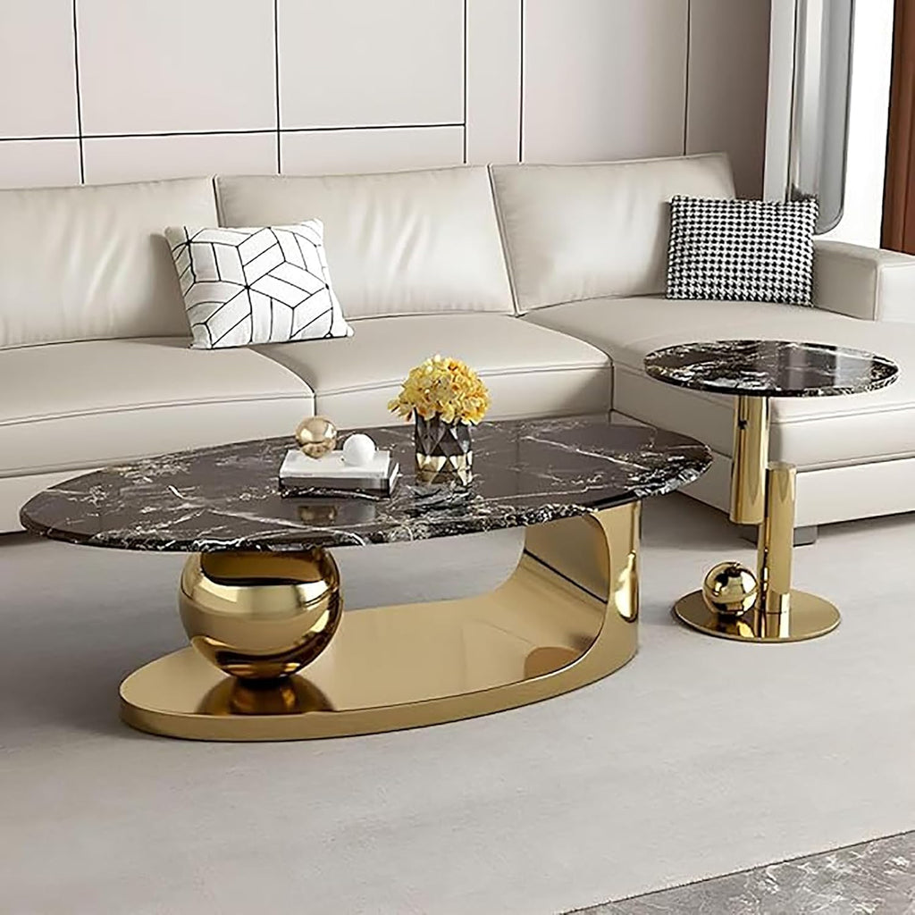 Modern Coffee Table Set of 2 - Stylish Black & Gold Oval Nesting Tables for Living Room, Contemporary Center & Side Table, 47" + 18" Cocktail Table Combo