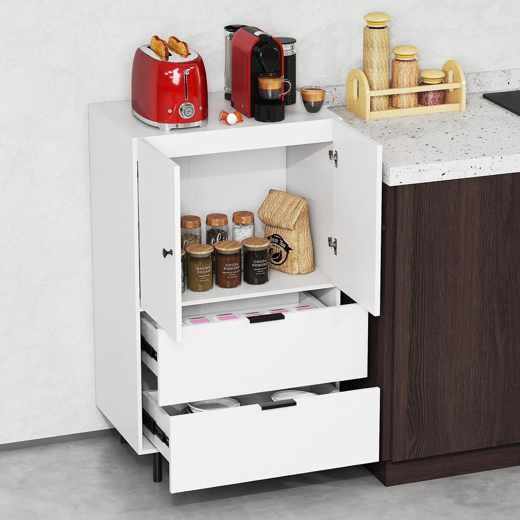 LOKO Buffet Cabinet with 2 Drawers, 2-Door Serving Cupboard with Raised Metal Legs, Modern Floor Coffee Bar Station, Buffet Table Display Cabinet for Living Room, Dining Room, Kitchen, White