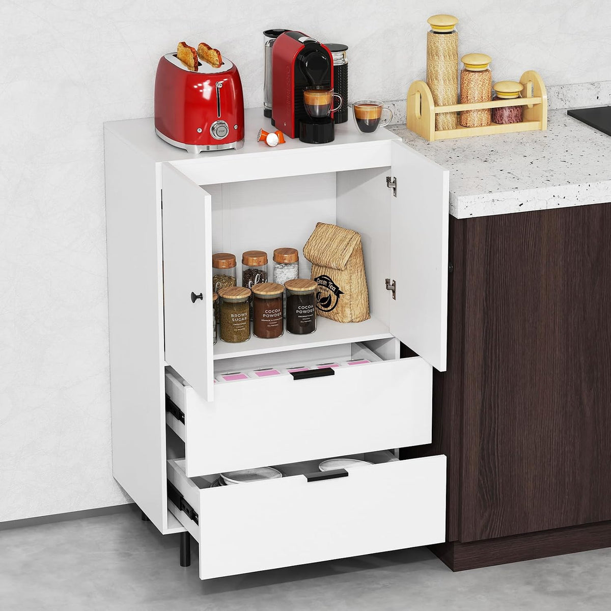 LOKO Buffet Cabinet with 2 Drawers, 2-Door Serving Cupboard with Raised Metal Legs, Modern Floor Coffee Bar Station, Buffet Table Display Cabinet for Living Room, Dining Room, Kitchen, White
