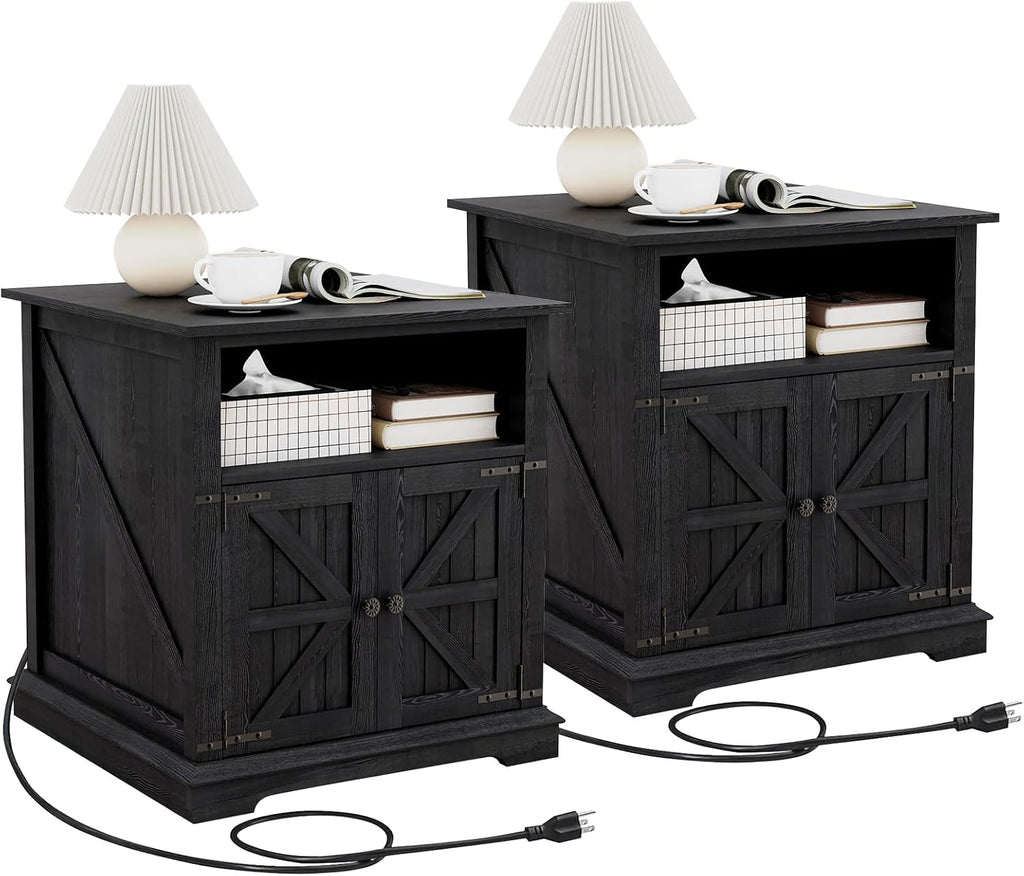 MUUEGM End Table Set of 2 Large Side Table 24" Farmhouse Nightstands with Charging Station Wood Bedside Night Stands with Adjustable Storage Shelf for Living Room, Bedroom