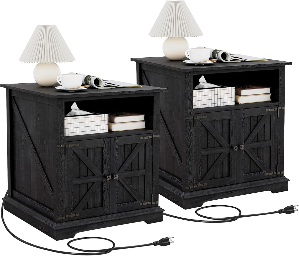 MUUEGM End Table Set of 2 Large Side Table 24" Farmhouse Nightstands with Charging Station Wood Bedside Night Stands with Adjustable Storage Shelf for Living Room, Bedroom