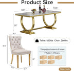 7 Piece Dining Table Set, White Faux Marble Dining Table with 6 Beige Velvet Dining Chairs, 68.11" Kitchen Table and Chair Set with Gold Stainless Steel Base, Luxury Dining Table Set for Kitchen