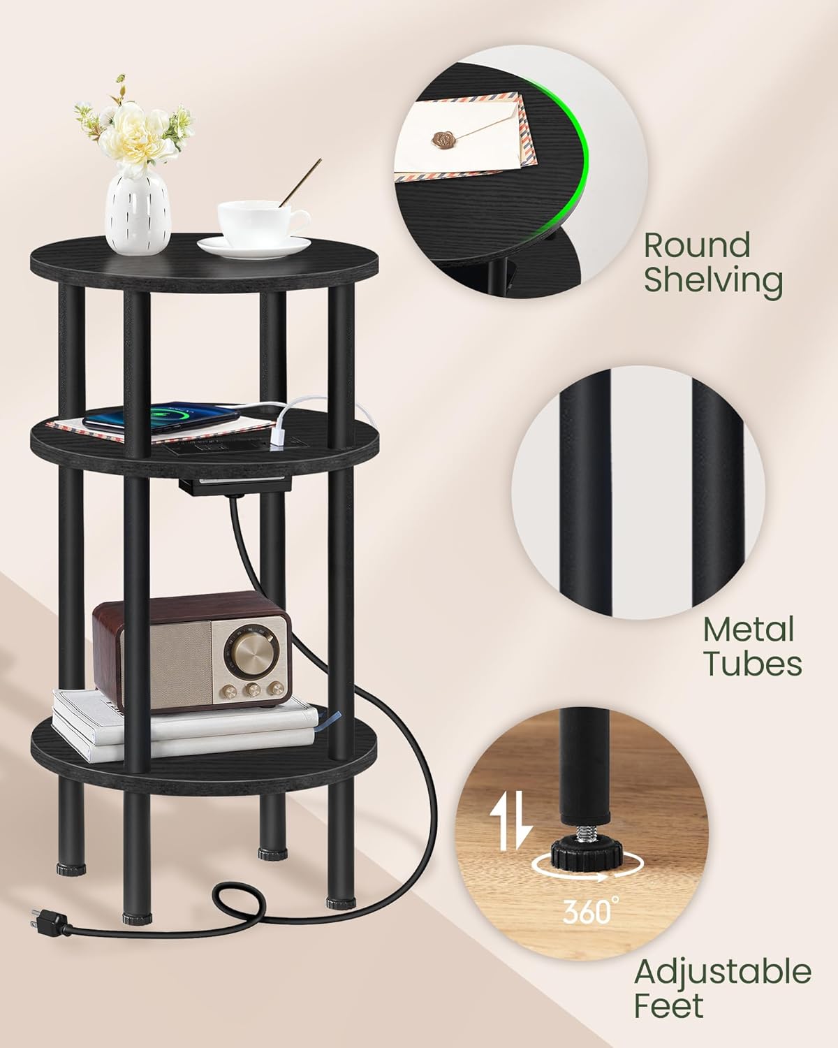 CHOEZON Small Round Side Table with Charging Station, 3-Tier Round End Table for Small Spaces, Nightstand for Living Room, Bedroom, Black TBZ06UBB