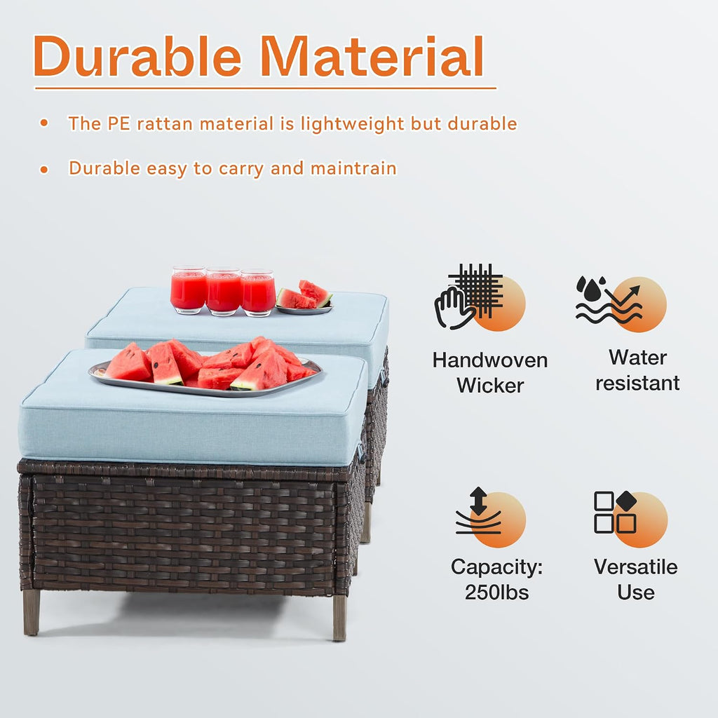 Patio Ottoman Set of 2, All Weather Outdoor Rattan Ottomans Patio Footstools with Removable Cushions for Garden Backyard Porch(Brown/Azure)
