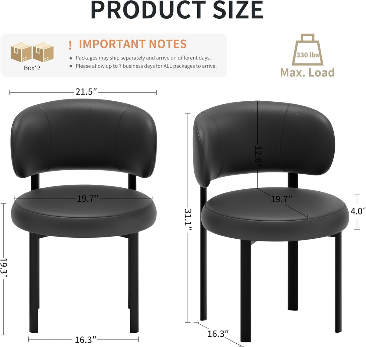 Black Dining Chairs Set of 4 Upholstered Leather Dining Chair with Curved Backrest, Mid Century Modern Chair with Metal Frame, Comfortable Chairs for Kitchen and Dining Room, Restaurant,Bar (Black-4)