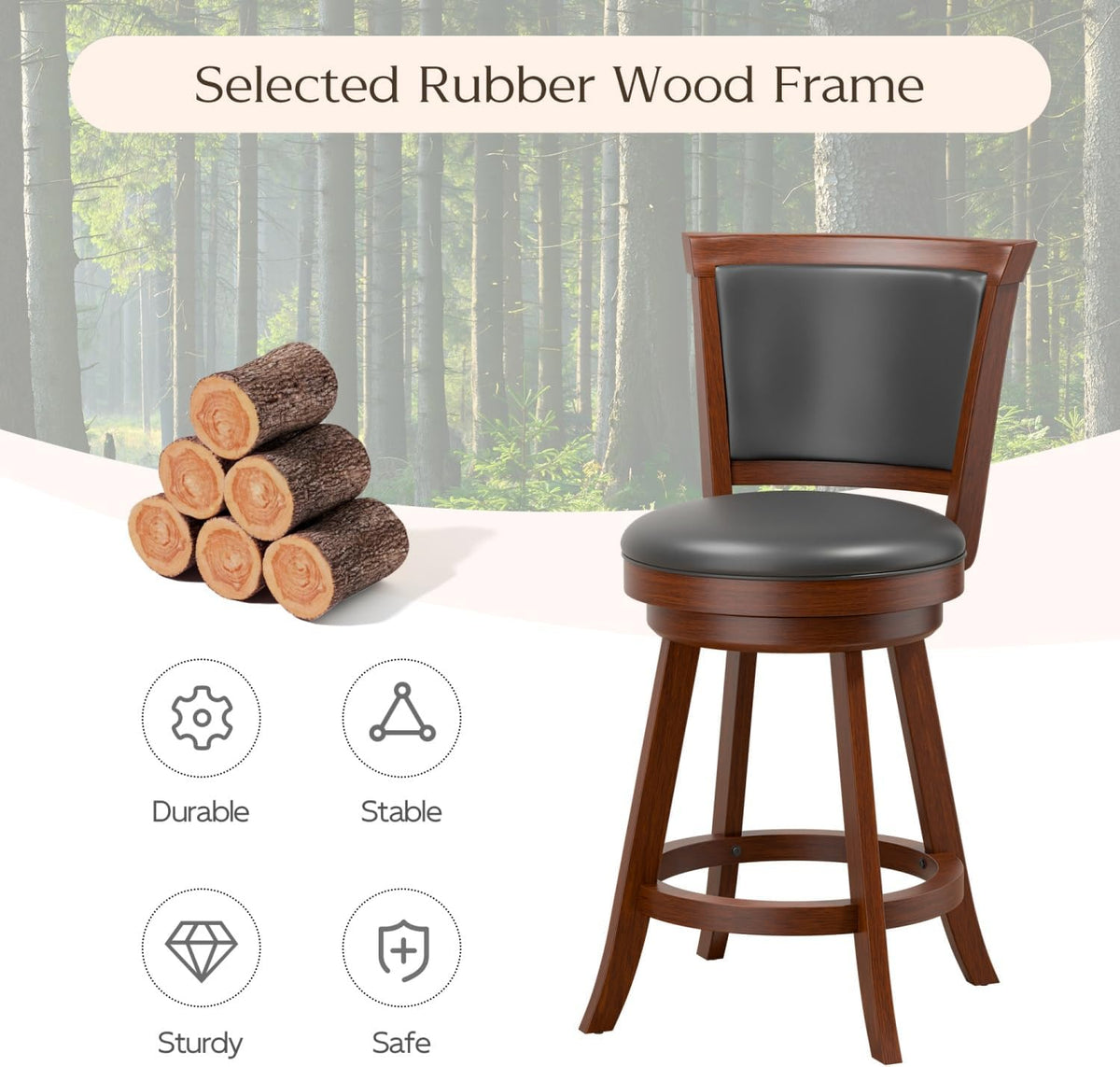 Bar Stools Set of 2, Farmhouse 24" Counter Height Barstools, Brown | Upholstered Leather Cushion&Backrest, Solid Wood Legs & Footrest, 360-degree Swivel Seat