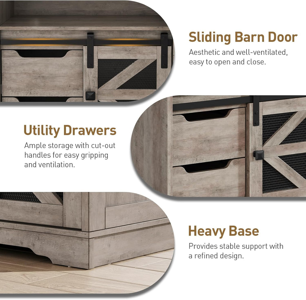 RALGEND Farmhouse End Table with Charging Station, Sofa Side Table with 2 Drawers and Barn Door, Rustic Wooden Nightstand Bedside Table for Bedroom, Living Room, Greige