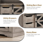 RALGEND Farmhouse End Table with Charging Station, Sofa Side Table with 2 Drawers and Barn Door, Rustic Wooden Nightstand Bedside Table for Bedroom, Living Room, Greige