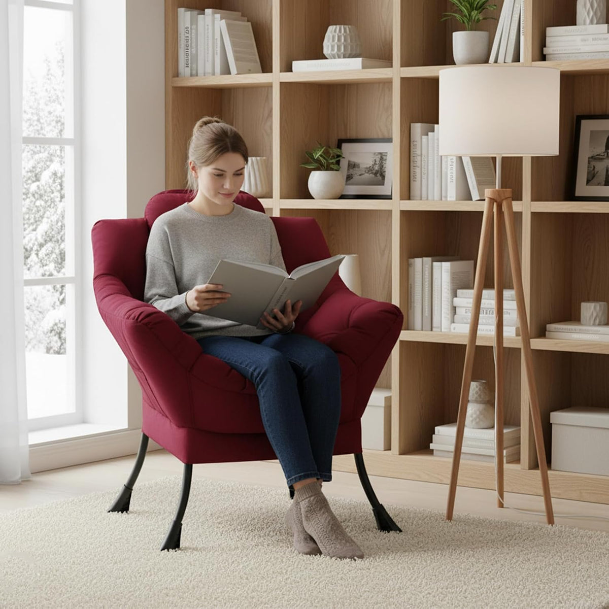 Welnow Lazy Chair for Living Room, Modern Reading Accent Chair with Armrests and a Side Pocket, Leisure Upholstered Lazy Sofa for Small Space, Bedroom, Dorm, Burgundy