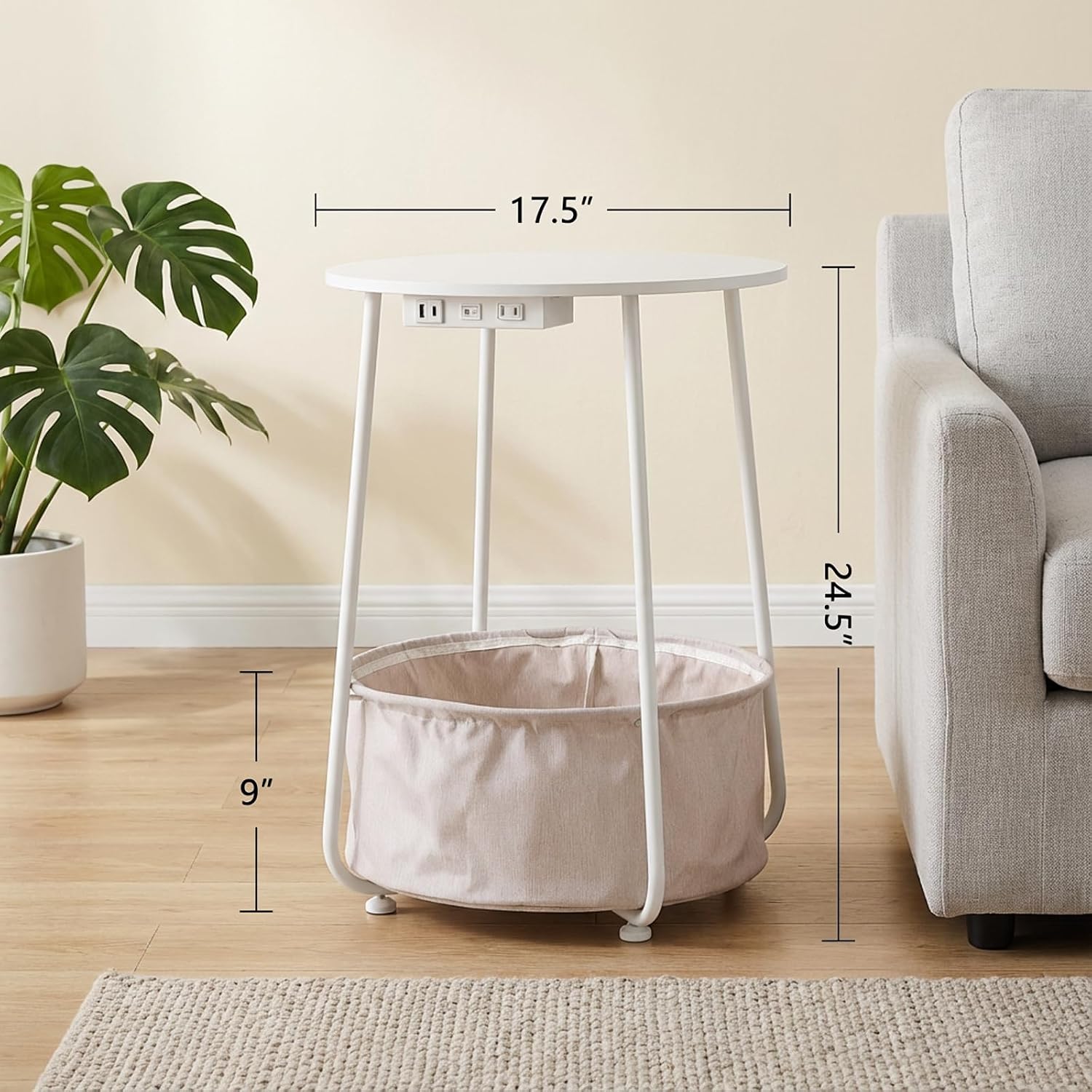 Round Side Table with Charging Station & USB Ports, Modern End Table Nightstand with Fabric Storage Basket, Matte White & Camel Brown Accent Table for Living Room, Bedroom (White)