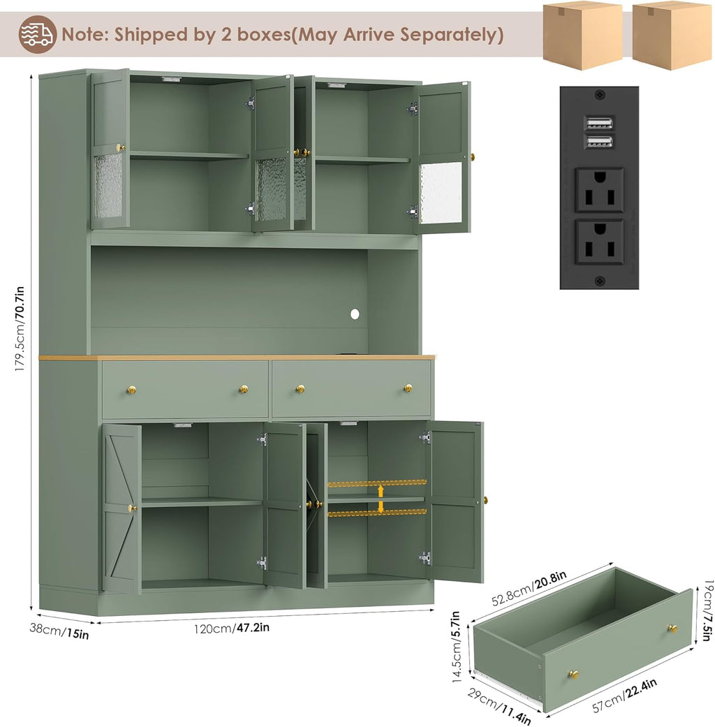 FINETONES 71" Pantry Cabinet with LED Light and Charging Station, Farmhouse Kitchen Pantry Cabinet with Microwave Stand, 47.2" Wide Kitchen Hutch Food Pantry with Open Countertop, Green