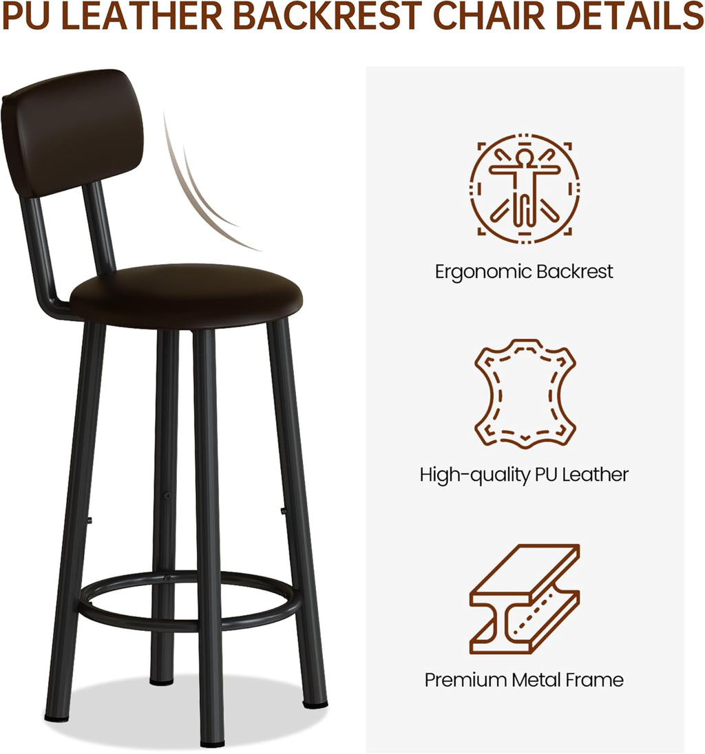 Recaceik Pub Dining Table Set for 2, Table and Bar Stools with 3 Storage Shelves, MDF Board & PU Leather Backrest Chairs, 3 Piece Dining Set for Small Space, Apartment, Kitchen Island, Brown